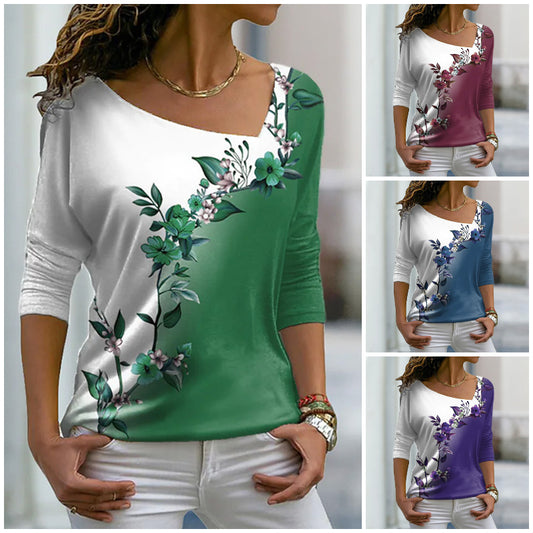 【50% sleva】【S-2XL】Nové tričko s květinovým potiskem, barevnými bloky a kulatým výstřihem, ležérní top s dlouhým rukávem na jaro a podzim.