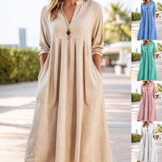 💃【50% отстъпка】【S-3XL】Нова модна рокля с V-образно деколте в ретро стил, от смес от памук и лен