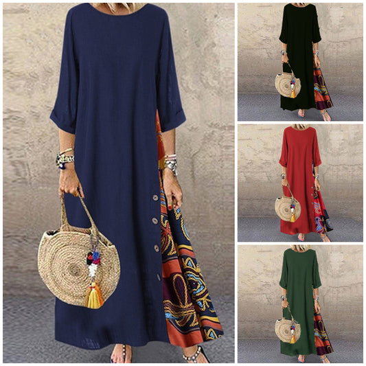 🌾【Ofertă specială】💕[M-5XL] Rochie nouă din in cu imprimeu vintage pentru vara 2025 - moale și confortabilă la atingere