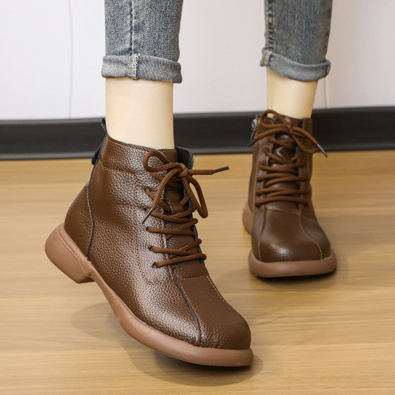 【35-40】Нови дамски кожени ботуши с ципове, високи и топли кожени ботуши с мека подметка