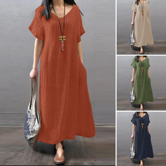 👗【S-5XL】Nova ležerna bombažno-lanena obleka，material iz bombaža in lana, ohlapno in sproščeno z žepi