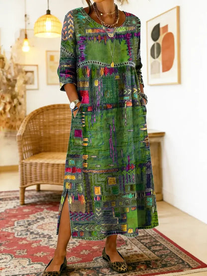 ✨ 50% zniżki!【S-5XL】Letnia sukienka w stylu retro z okrągłym dekoltem i nadrukiem – lekka, przewiewna, wyszczuplająca i łatwa w stylizacji.