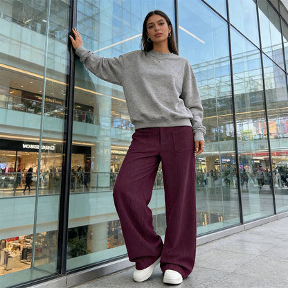 👖👖【50% отстъпка】Нови дамски ежедневни кадифени панталони, с висока талия, много джобове, свободна кройка, дълги до пода и широки крачоли