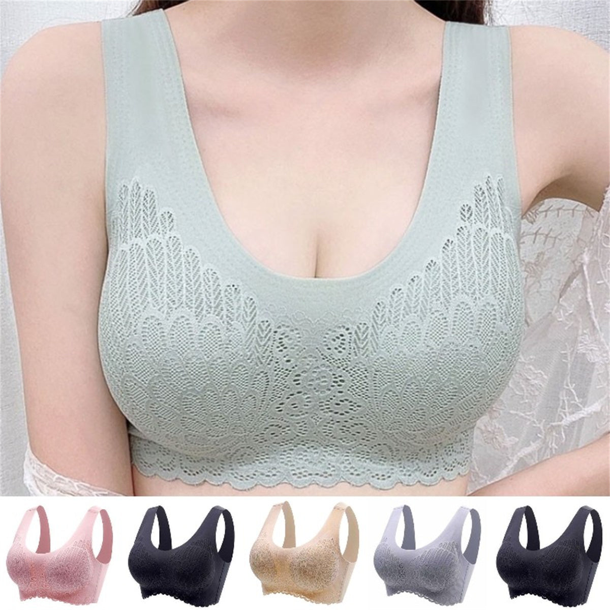 🔥【Paket 3】Čudovit čipkast brezšivni modrček iz ledene svile, brez žic