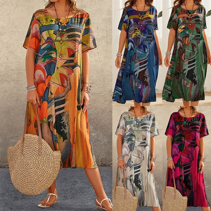 🔥【50% отстъпка】【Размери S-5XL】Нова лятна рокля с широка кройка и обло деколте