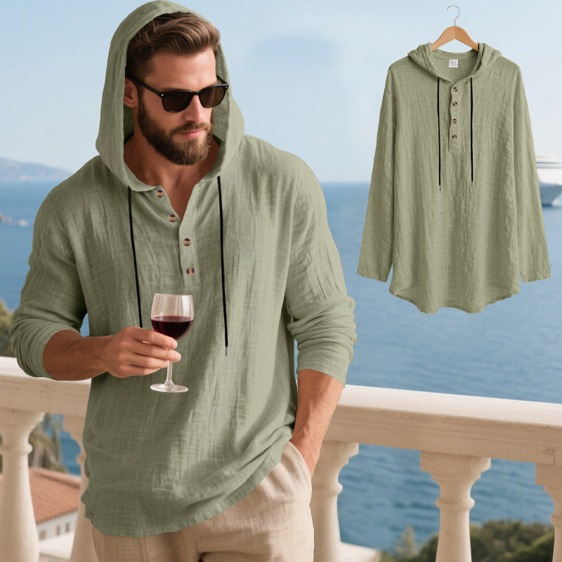 👔50% de descuento🏆【40-100kg】Camisa Henley de manga larga con capucha, transpirable y de lino para hombre, de corte holgado, ideal para la playa.✅Pago contra entrega ✅Pago contra entrega