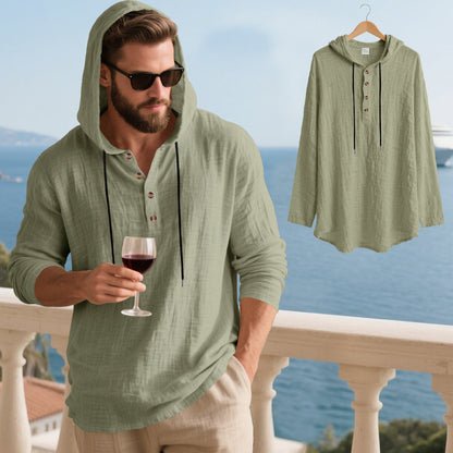 👔50% de descuento🏆【40-100kg】Camisa Henley de manga larga con capucha, transpirable y de lino para hombre, de corte holgado, ideal para la playa.✅Pago contra entrega ✅Pago contra entrega