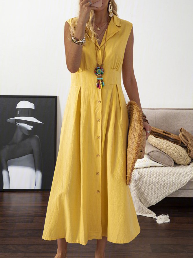 🎀💃【50% reducere 💥】【S–3XL】Rochie de damă de mărime plus mare din bumbac și in, cu guler tip sacou și nasturi, ușoară și respirabilă