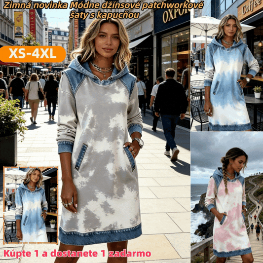 🔥【XS-4XL]】🌷🌞Elegantní dámské džínové mikinové šaty, kreativní batikovaný potisk, pohodlné a měkké, džínová patchworková vrstva