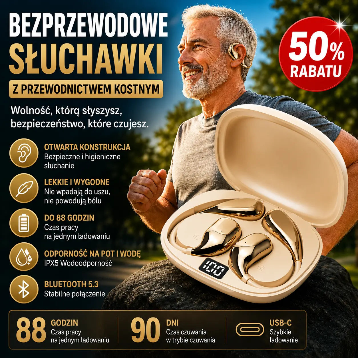 Bezprzewodowe słuchawki Bluetooth bez wbudowanego ucha, z zaczepem na ucho i przewodnictwem kostnym
