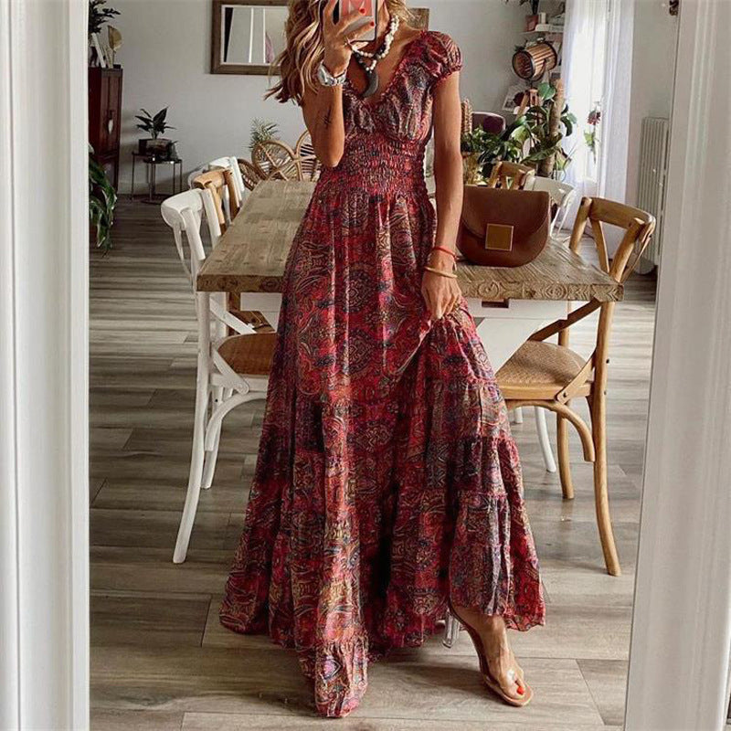 👗✨【50% popust 🔥】【S–2XL】Nova dolga boemska obleka s poudarjenim pasom, ležernega kroja s cvetličnim vzorcem