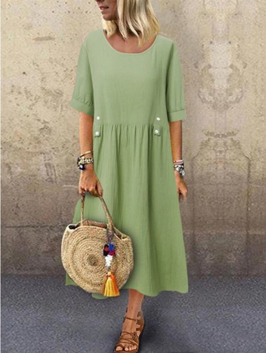 🔥🔥【50%OFF】👗👗2025 Poletna ohlapna obleka iz bombaža in lanu z okroglim izrezom in kratkimi rokavi