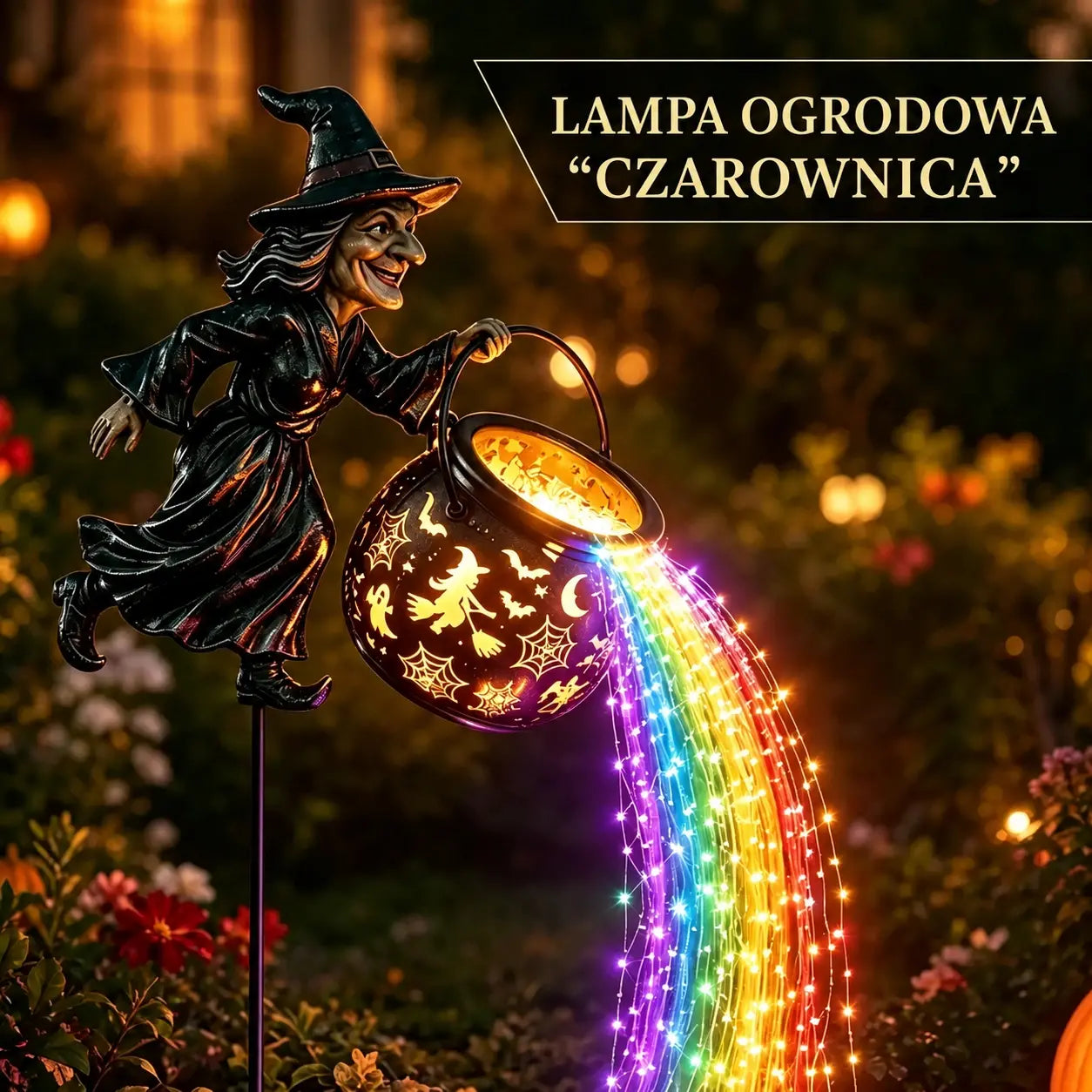 🧙‍♀️🎃 Lampa ogrodowa w kształcie kociołka czarownicy z oświetleniem LED – efektowna dekoracja zewnętrzna 🔮✨