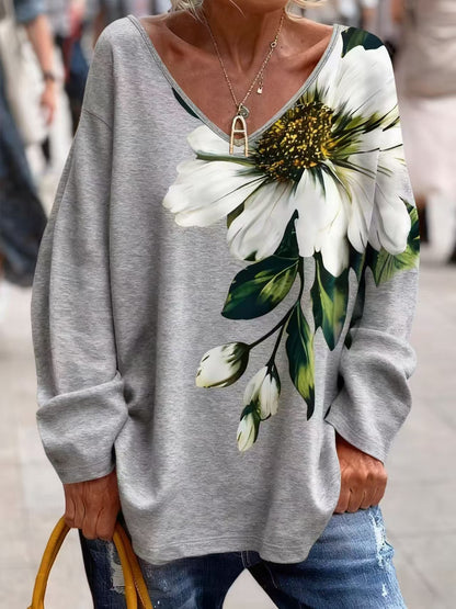 💐【S-2XL】Дамска модна тениска с V-образно деколте и щампа, подходяща за пролетно и есенно носене