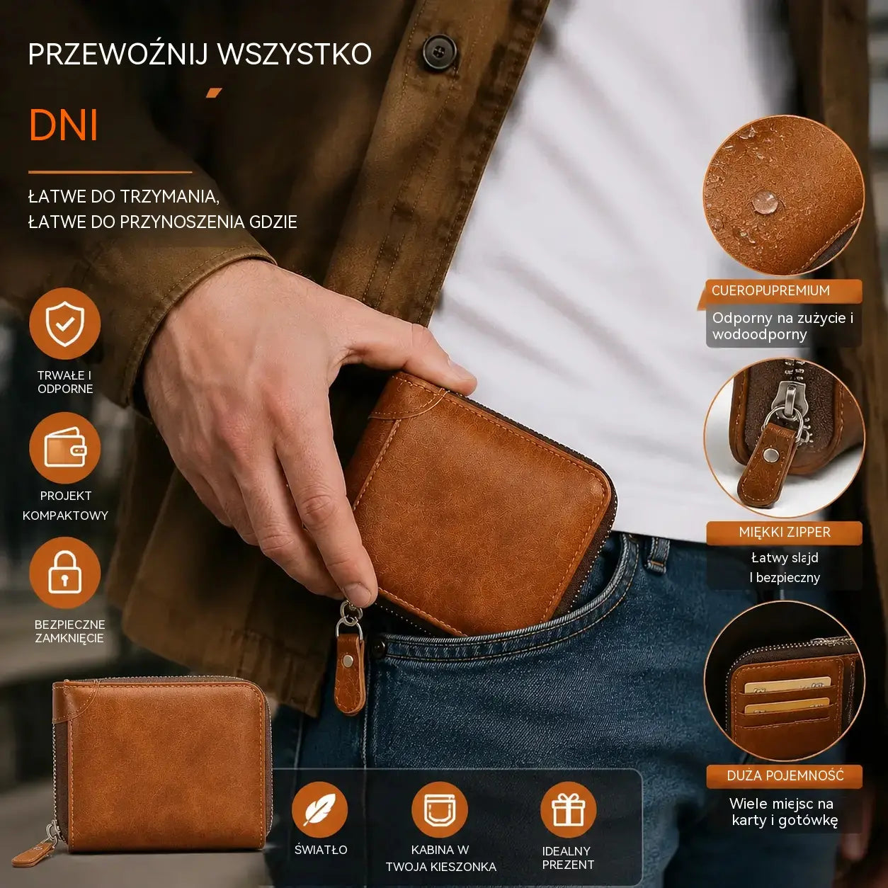 ✨🎁Portfel męski w stylu retro ze sztucznej skóry z zamkiem błyskawicznym, miejscem na karty i składaną portmonetką.