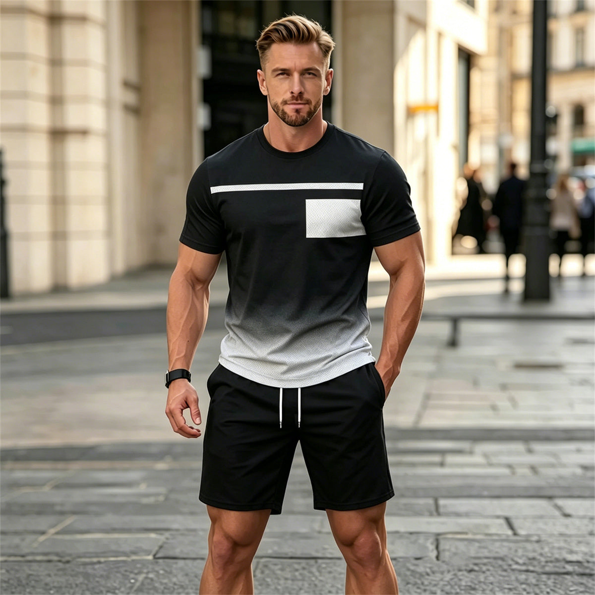 ✨Dwuczęściowy męski komplet sportowy, idealny na lato: wygodny T-shirt z krótkim rękawem i szorty.
