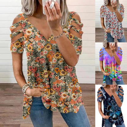 【50% отстъпка】💘【S-3XL】Стилна дамска тениска с голи рамене, с вдлъбнати ръкави, които подчертават линията на врата и раменете, и модерни щампи, които подчертават индивидуалността и модерността.