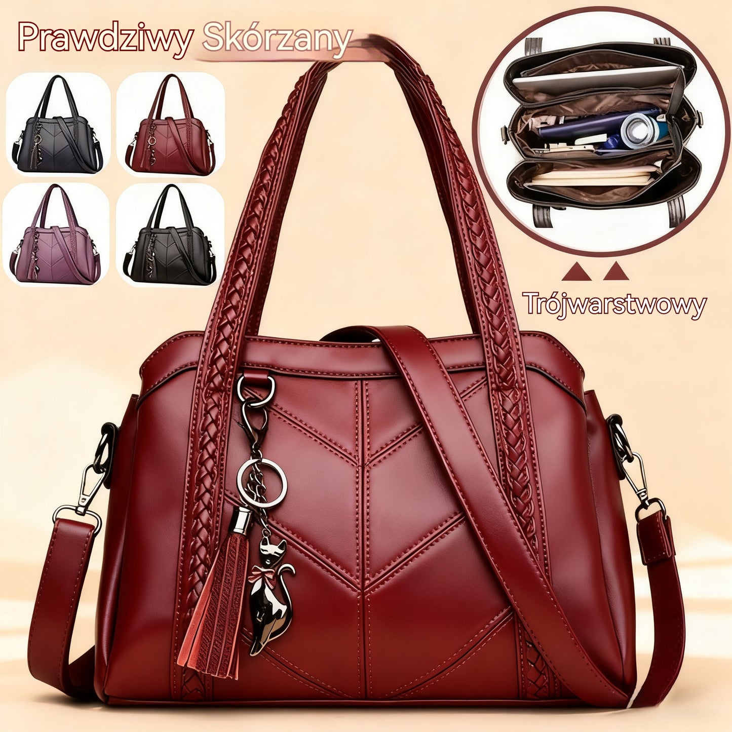 👜💟【50% ZĽAVA】Mäkká kožená taška, kabelka, veľká kapacita, tri priehradky, vodeodolná a odolná voči poškriabaniu