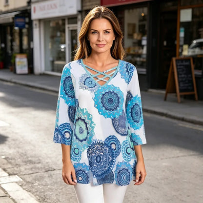Letnia koszulka damska w dużych rozmiarach S-3XL: nadruk retro, dekolt w serek ze skrzyżowanymi ramiączkami, miękki materiał