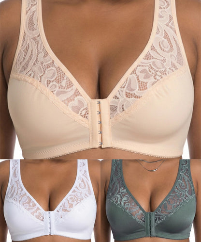 💖【Комплект от три части】【L-4XL】😍 Сутиен с пълнеж push-up, изящна дантела, дизайн push-up и кухина, закопчаване отпред