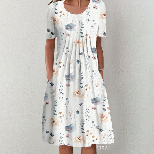 【50% kedvezmény】【S-5XL】 🌺🌺 Divatos, kerek nyakú, mintás ruha.