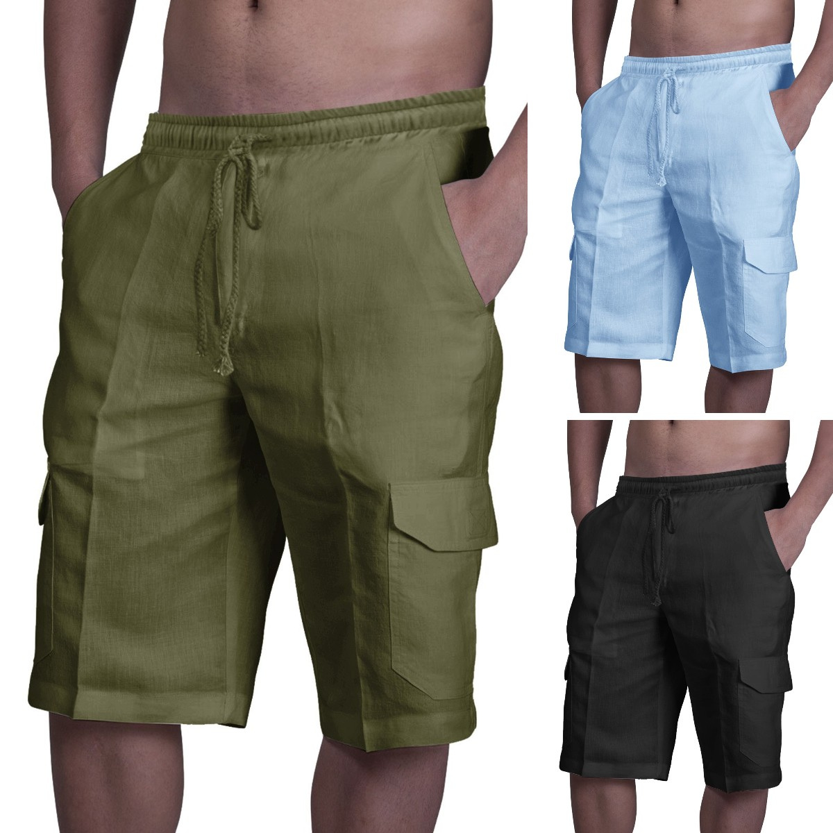 👖⛵【50% popusta🔥】【50-100kg】😍2025 nove muške kratke lanene kargo hlače velike veličine, muške kratke hlače s uzicom za plažu s višestrukim džepovima