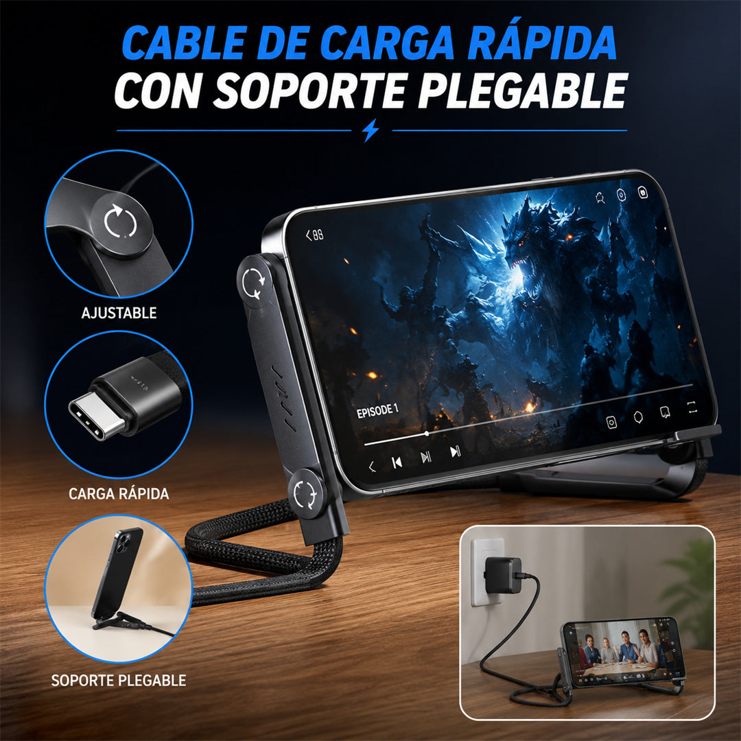【Carga rápida】Cable de carga rápida 2 en 1 con soporte ajustable para teléfono ✅️Pago contra entrega
