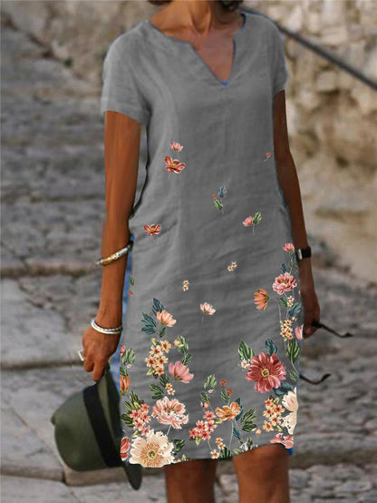 【S-3XL】【50% kedvezmény】🌺🦋Rövid ujjú, V-nyakú ruha 2025-ös virág- és pillangómintával