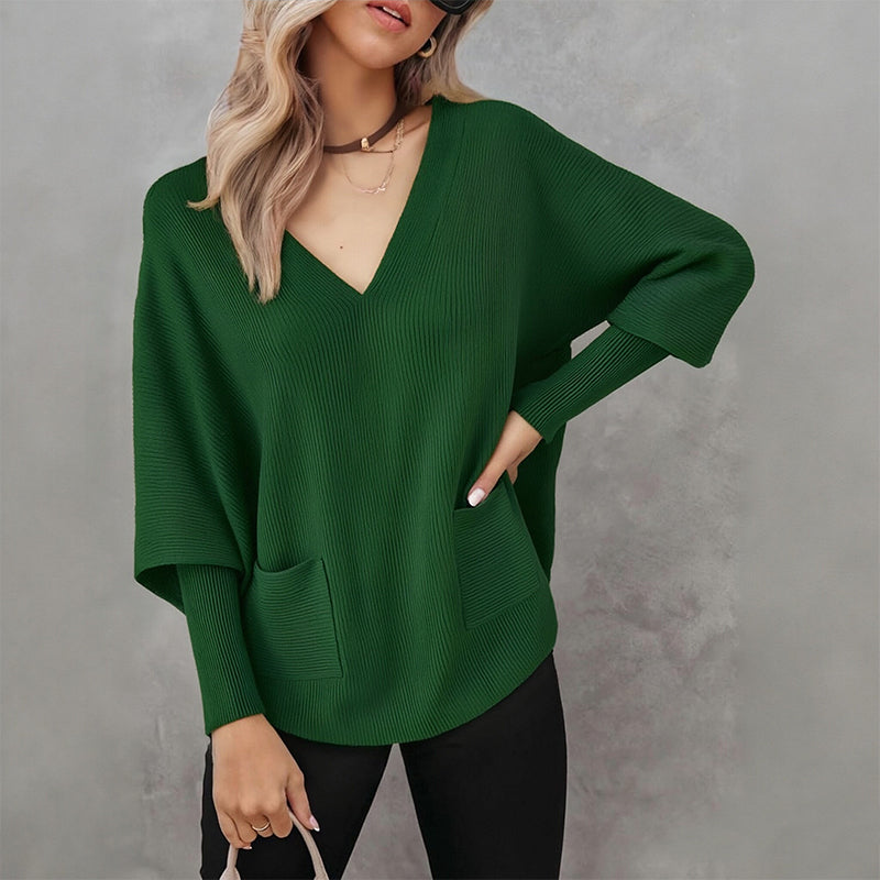 【M-4XL】Нов дамски плетен пуловер, свободна кройка, с джобове, едноцветен и V-образно деколте.