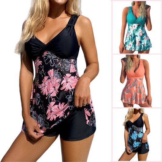 🌴🏖️🌈【50% zniżki】🔥🔥【S-5XL】😍2026 Nowy zestaw kostiumów kąpielowych dla kobiet w dużych rozmiarach z nadrukiem, szorty, spódnica z rozcięciem na plecach, szybkoschnący materiał