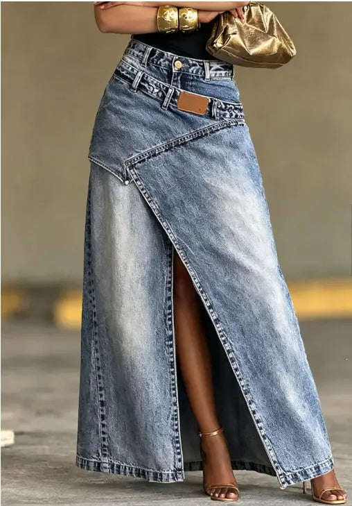 🥇【S-3XL】 Asymetryczna, warstwowa spódnica maxi z jeansu z rozcięciami, wysokim stanem i przetarciami w stylu vintage, doskonały wybór na co dzień.