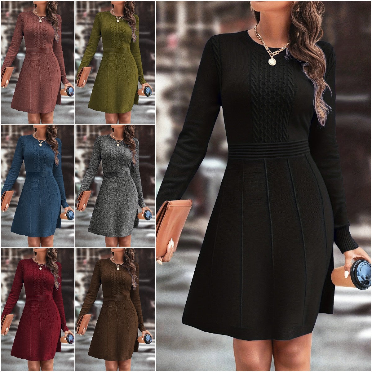 🍁🍂Ženska jesensko/zimska pletena obleka, elegantna in preprosta enobarvna pletena obleka slim krojem in okroglim izrezom