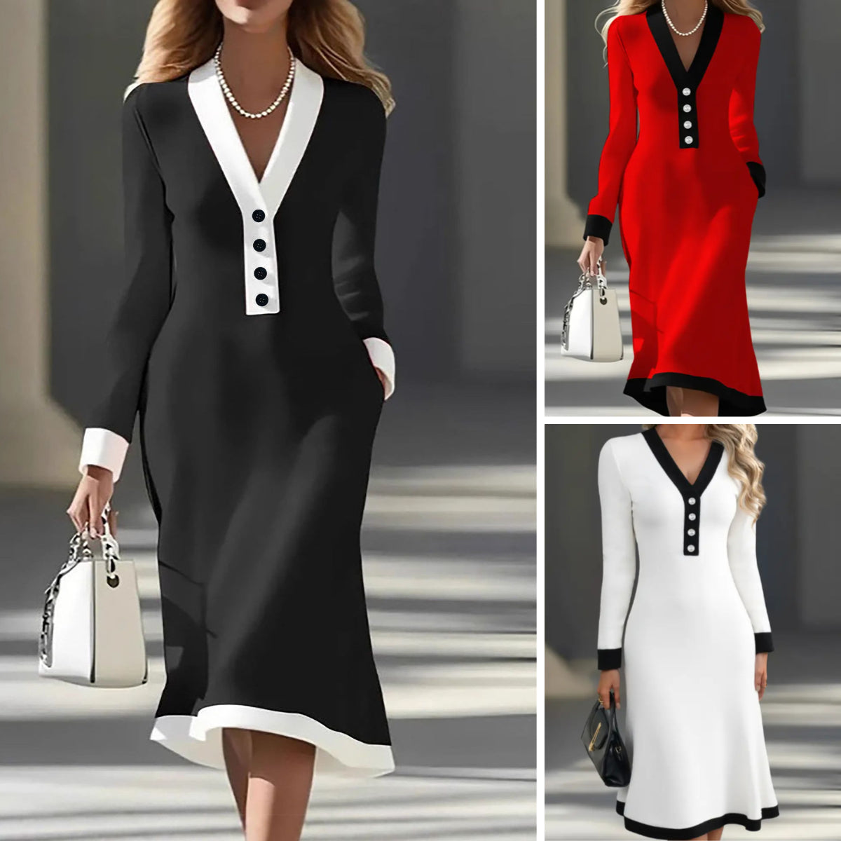 🌷🌞【30 % popust】【S-3XL】 Ženska jesensko-zimska obleka s kontrastnim V-izrezom