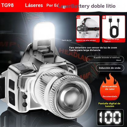 💡Potente linterna frontal de inducción para uso doméstico, uso al aire libre, zoom, largo alcance, recargable, larga duración, caminata nocturna, aventura, pesca nocturna✅️Pago contra entrega