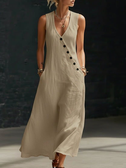 ✨50% отстъпка【S-3XL】Дамска удобна рокля от памук и лен, без ръкави с копчета, която носи прохлада през лятото