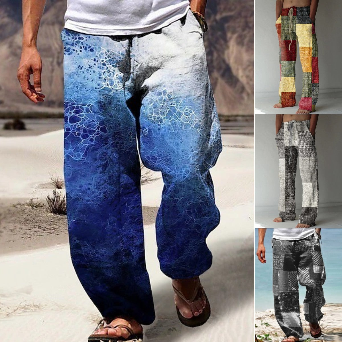 ✨👖【10 цвята🌈】【S-6XL】😍 Мъжки тесни панталони от памучен плат, големи размери, ежедневни, свободни, бохемски, широки крачоли