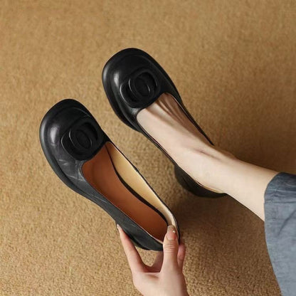👠【35-40】2025 vsestranski čevlji iz mehkega usnja, modni, 4 cm, retro debela peta in okrogel prst