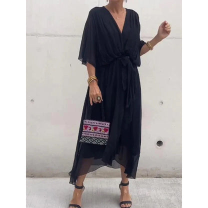 👗Večbarvna čipkasta šifonska obleka brez rokavov in netopirjevih rokavov