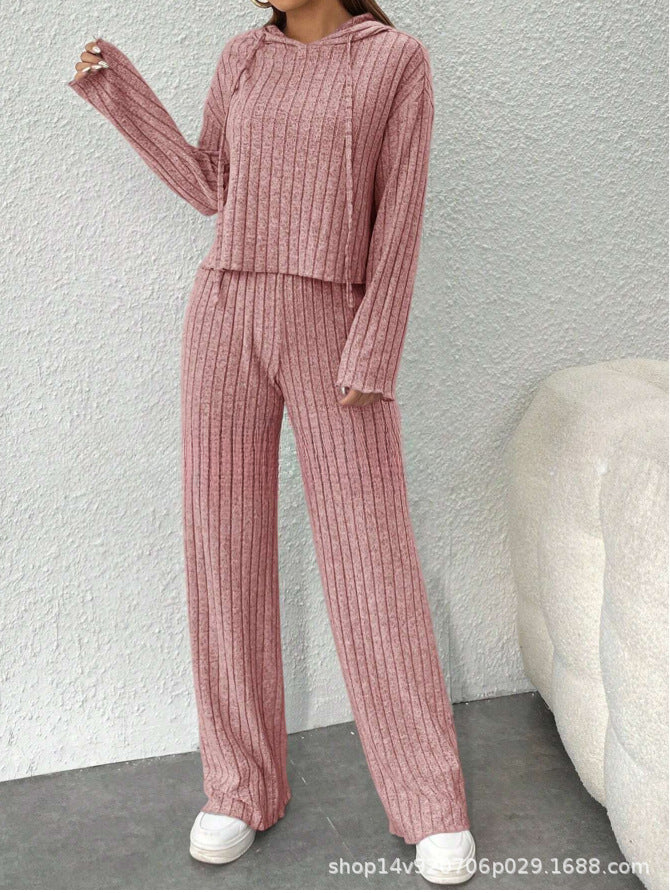 📢📢Zľava 50% 😍【40-90KG】Dámsky dvojdielny pletený top s kapucňou a nohavice so širokými nohavicami