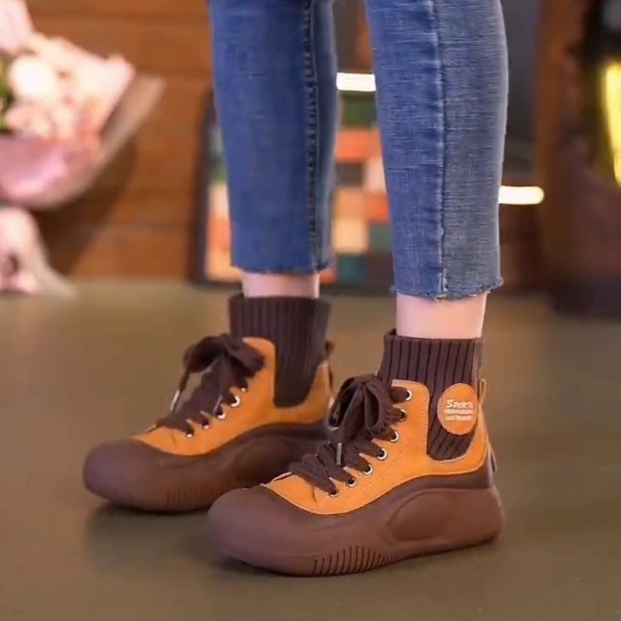 💟【50% zľava】【35-40】Jesenné/zimné ležérne topánky v britskom štýle v retro štýle so stredným strečom, módne priedušné členkové čižmy, vysoké pletené dámske čižmy z elastickej bavlny so šnurovaním