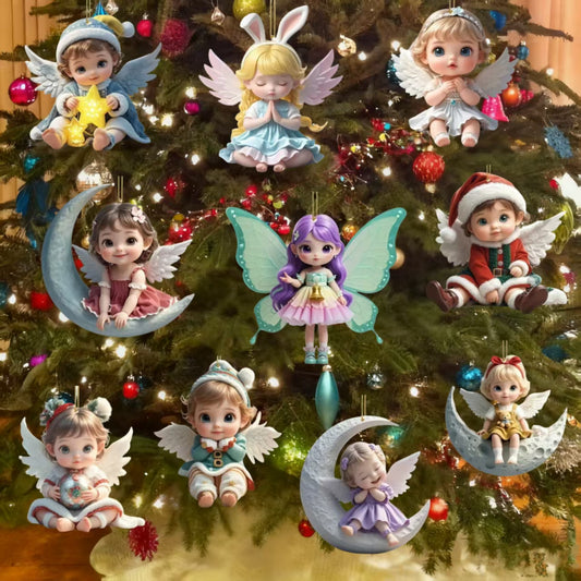 🎁【Sváteční speciál - sleva 50 %】【Balení 10 kusů】Roztomilé doplňky do auta s andělem, plochý akrylový přívěsek, lze použít jako tašku na notebook, klíčenku, vánoční dekoraci.