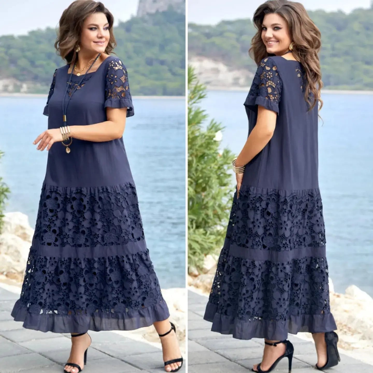 🔥Gran éxito de ventas 2026【S–5XL】Nuevo vestido elegante de encaje calado, casual y versátil.