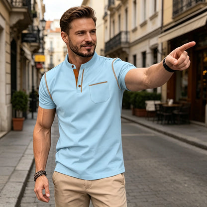 Letnia męska koszulka polo z guzikami, 2026, jednolity kolor, krótki rękaw, kołnierzyk w paski, styl casualowy 【Płatność przy odbiorze】