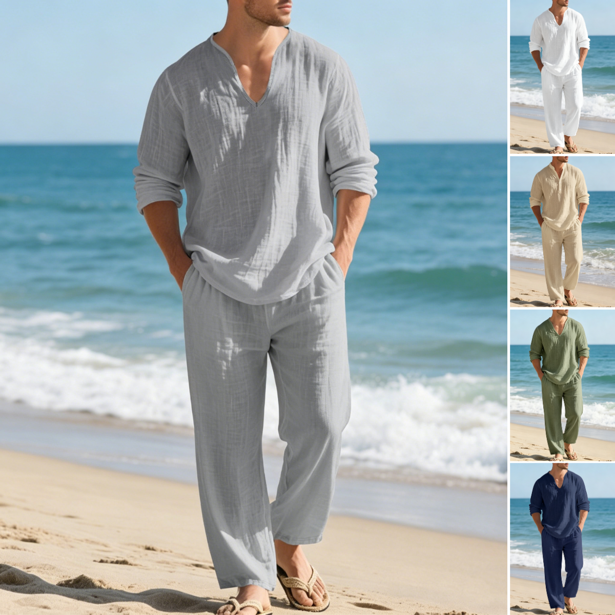 🌴 50% zniżki🔥【Top + spodnie】Męski lniany garnitur casualowy o luźnym kroju z dekoltem w serek, idealny na plażę. ✅️Płatność przy odbiorze