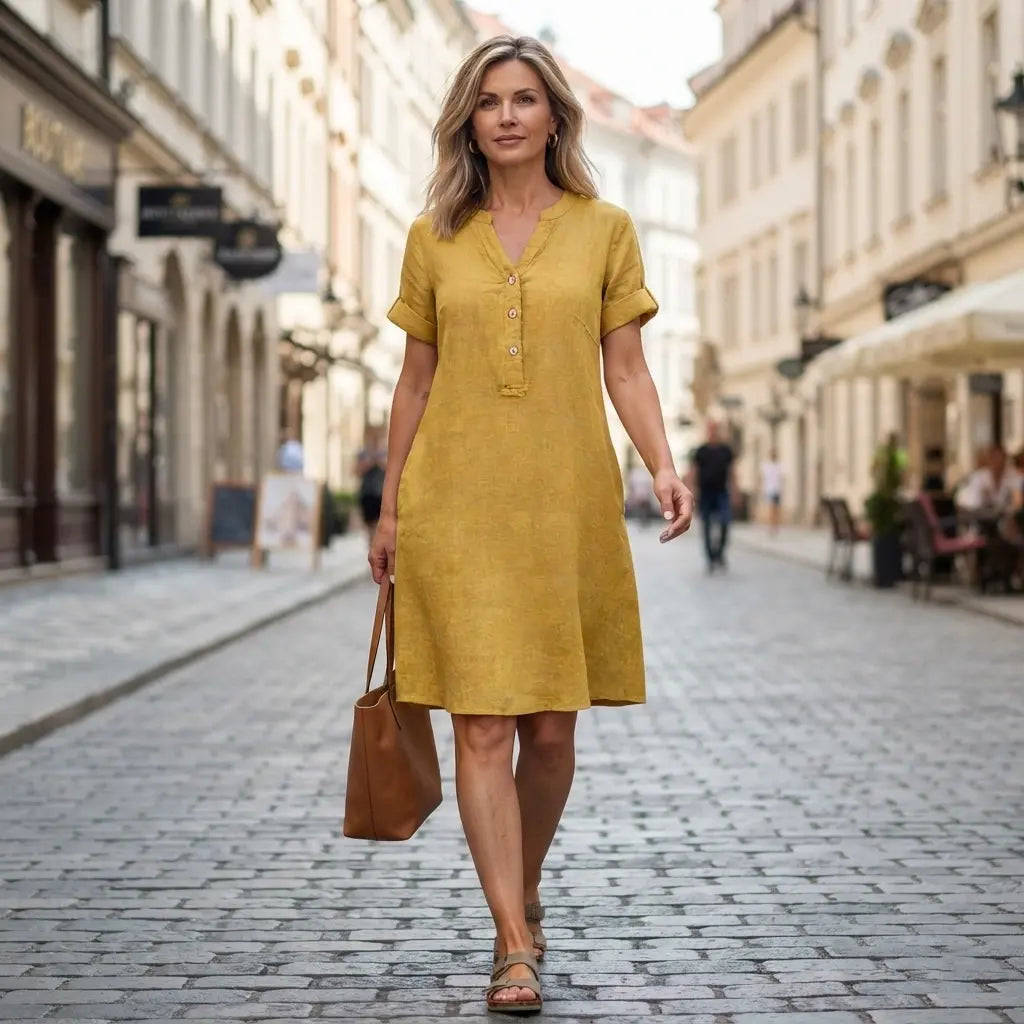 【S-5XL】 Sukienka na co dzień, krótkie rękawy z kieszeniami, fason w kształcie litery A z luźną spódnicą podkreślającą sylwetkę, wygodna i niekrępująca ruchów.