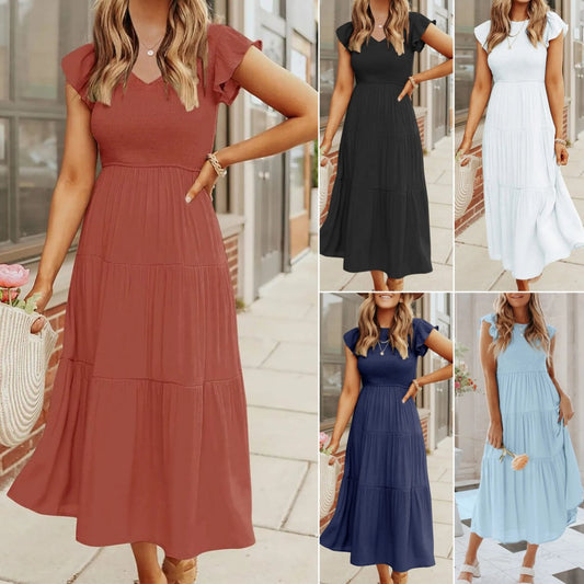 👗🌈【S-2XL】Рокля в бохемски стил, къси ръкави, обло деколте, перфектно подчертава фигурата ви.