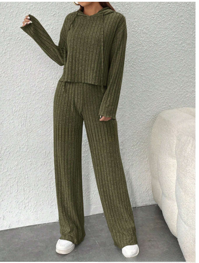 📢📢Zľava 50% 😍【40-90KG】Dámsky dvojdielny pletený top s kapucňou a nohavice so širokými nohavicami