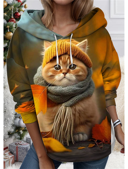 【50% отстъпка】【S-3XL】🐱 Дамски суитшърт с 3D принт и мотив на котка и животно. Уникален дизайн, сладък модел