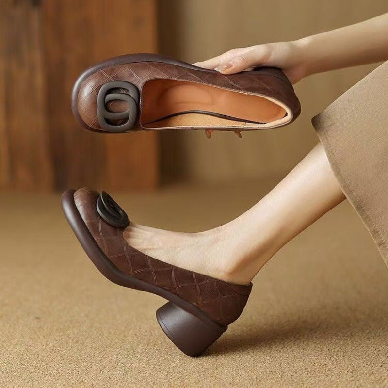 👠【35-40】2025 vsestranski čevlji iz mehkega usnja, modni, 4 cm, retro debela peta in okrogel prst