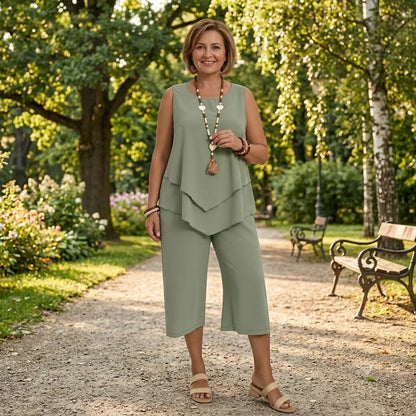 【L-5XL】Dwuczęściowy komplet spodni capri bez rękawów w dużym rozmiarze, modny, swobodny, w jednolitym kolorze, elegancki styl, przewiewny i wygodny na lato.